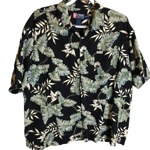 Chaps Ralph Lauren XXL Hawiian Print SS Button Up Shirt Black w/Leaves & Flowers - Picture 1 of 5